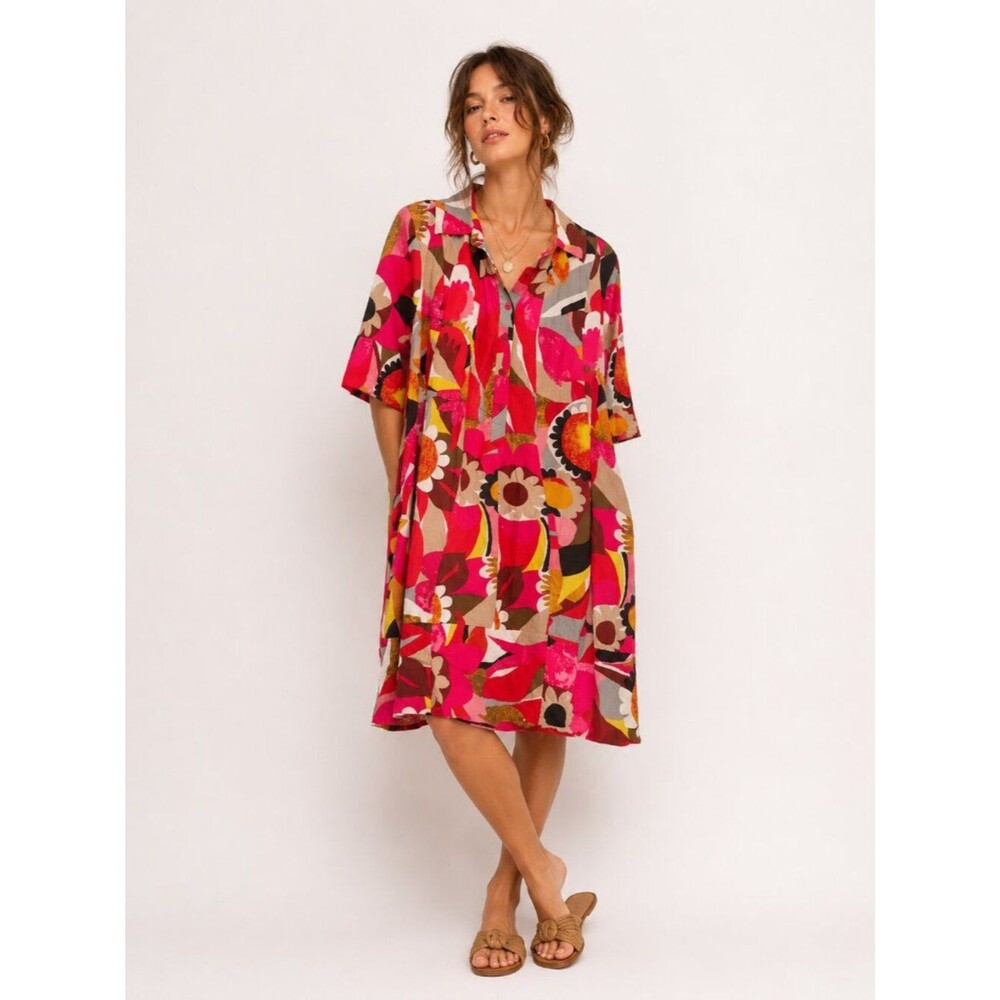 Dalin 1X Floral Shirt Dress Pink Orange Retro Mod Abstract Print Boho Plus Size